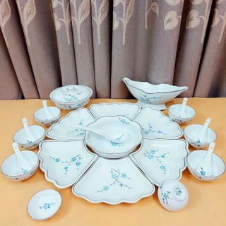 Bộ bát đĩa hoa mặt trời vẽ hoa đào xanh.Hàng sứ Bát Tràng.