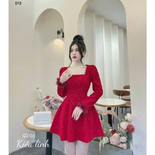 ĐẦM NHUNG CÔNG CHÚA KIỂU CỔ U TAY DÀI PHỐI LÔNG VŨ DÁNG NGẮN XẾP LI XÒE CỰC XINH LUNG LINH