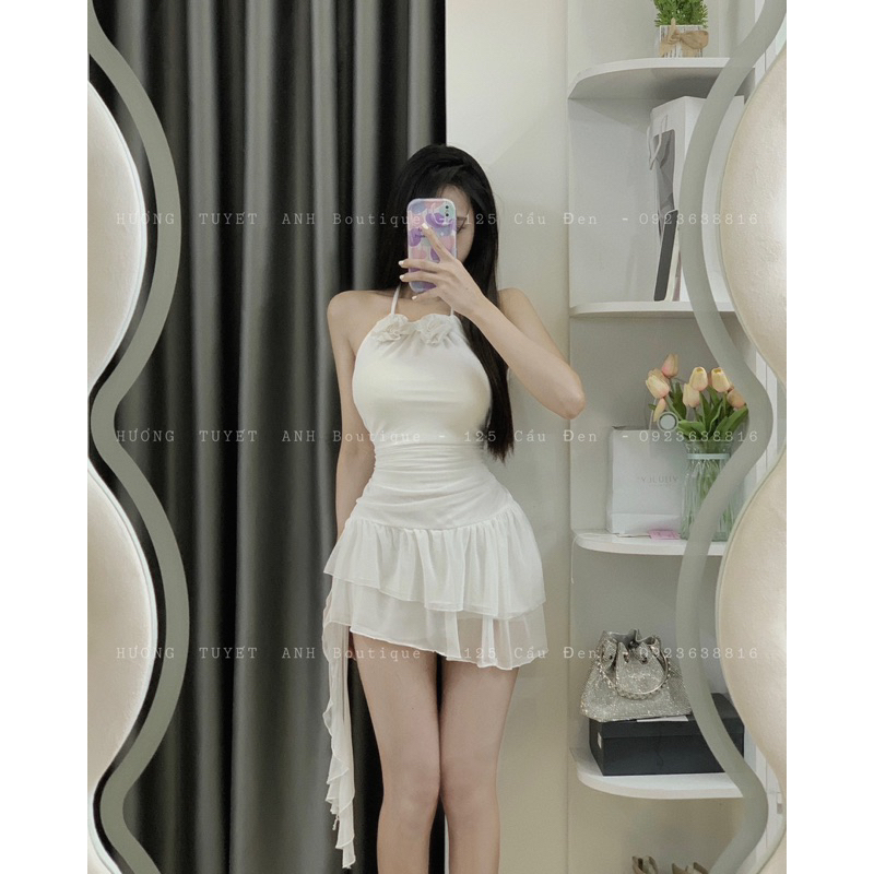 Váy body cổ yếm lưới tầng hoa hồng tua rua ( hình chính chủ )