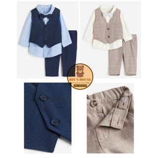 Set bộ sơ mi gile vest kẻ h&m sz 4-24m form to