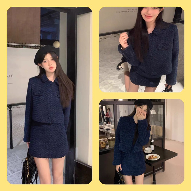 Set Áo Váy Dạ Tweed Xanh Đen