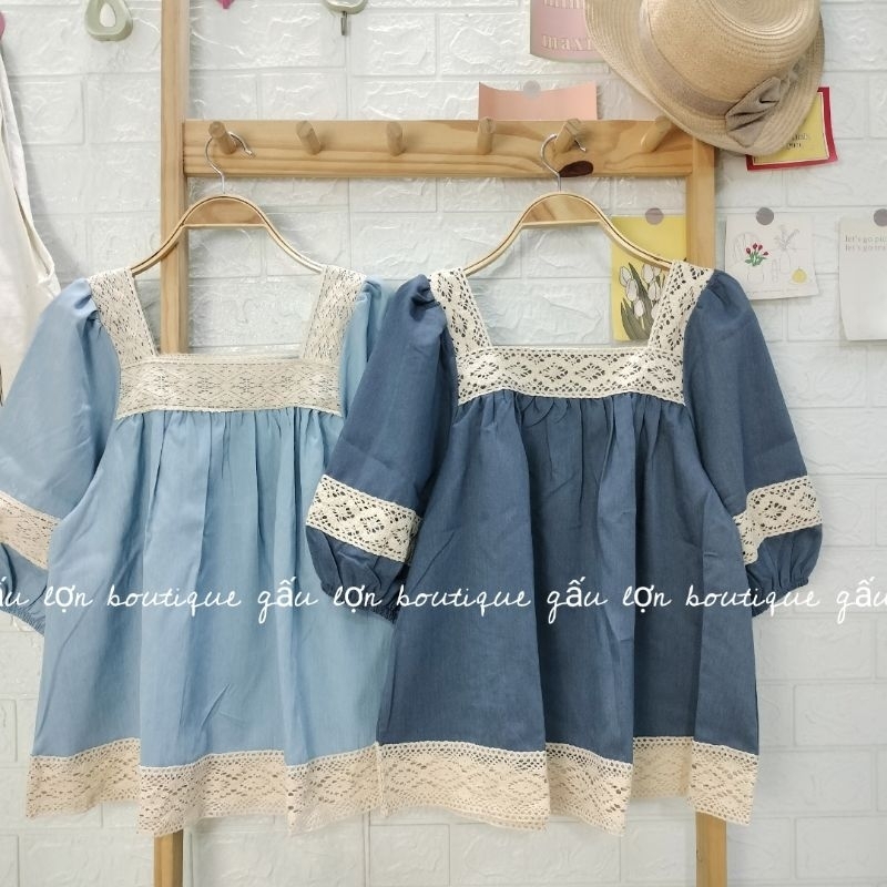 áo babydoll cổ vuông phối ren tay bồng tiểu thư 2 màu xanh | BigBuy360 - bigbuy360.vn