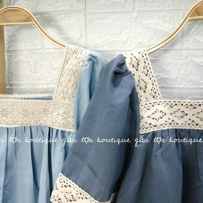 áo babydoll cổ vuông phối ren tay bồng tiểu thư 2 màu xanh | BigBuy360 - bigbuy360.vn