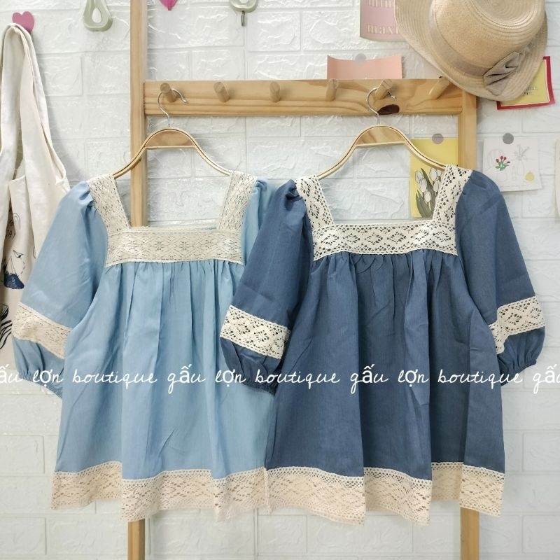 áo babydoll cổ vuông phối ren tay bồng tiểu thư 2 màu xanh | BigBuy360 - bigbuy360.vn
