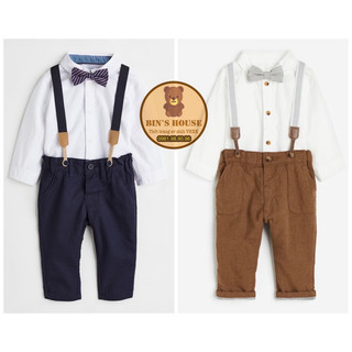 Set sơ mi cổ nơ+quần đai yếm H&M sz 6m-4y form to