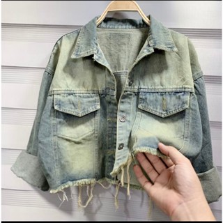 TIENSTYLE _ Áo khoác jean nữ  croptop tay dài, Áo khoác bò nắp túi 2 Màu Bụi