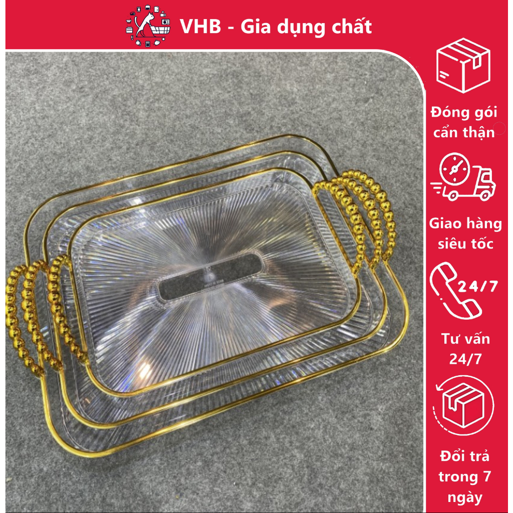 Bộ 3 khay đựng đồ đa năng có tay cầm viền vàng sang trọng chất liệu nhựa cao cấp