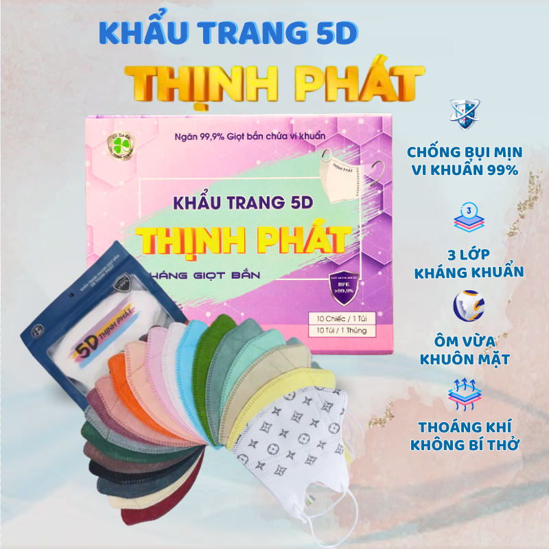 Khẩu Trang 5D Khẩu Trang Thịnh Phát chính hãng, 3 lớp kháng khuẩn, ngăn khói bụi, tia UV....