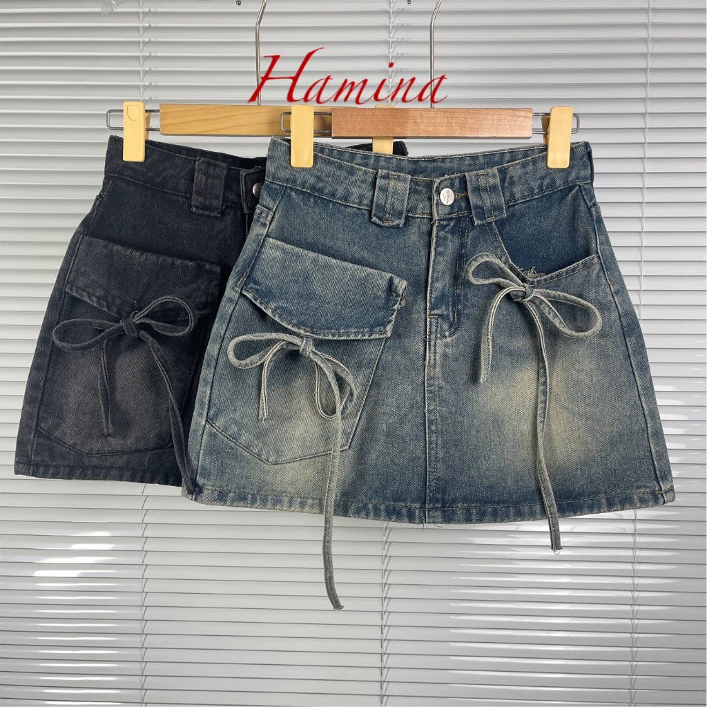 Chân Váy Jeans Ngắn Hamina, Váy Jean Nữ 2 Nơ 3 Size SML