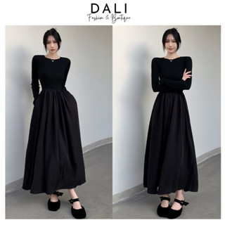  Váy Maxi Cổ Tròn Dáng Xoè Dài Tay Chất Liệu Thun Gân Váy Dự Tiệc Sang Chảnh 