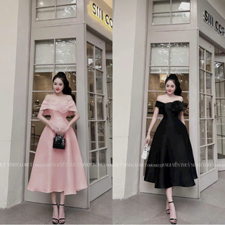 Đầm thời trang nữ mặc đi chơi chất vải Tapta trễ vai dáng dài đính bông ngực