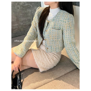 Áo khoác dạ tweed xanh kẻ phối cúc đồng TSW