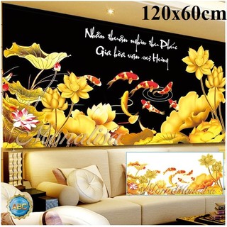 tranh đính đá cá chép hoa sen kt 120x60cm