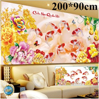 tranh đính đá cá chép cửu ngư quần hội kt 200x90cm
