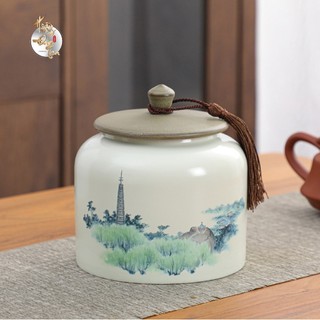 Hũ đựng chè men sơn thủy cao cấp - đồ dùng pha trà đạo trà cụ bình bảo quản chè bằng gốm cổ xưa