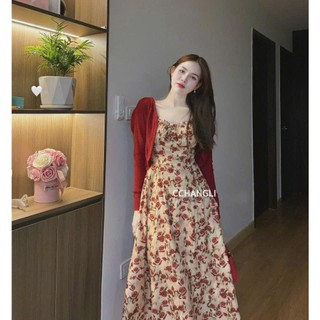 Set váy 2 dây dáng dài mix khoác dài tay mặc đi chơi siêu xinh