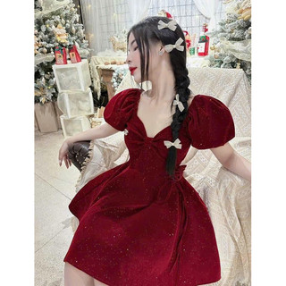 Đầm thời trang nữ mặc đi chơi cổ nơ đính hoa eo chất vải Nhung kim tuyến hàng loại 1