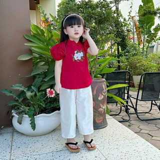 Quần áo bé gái, set bộ lụa bà ba áo tay bồng thêu hoa phối quần lụa trắng cho bé 10-30kg