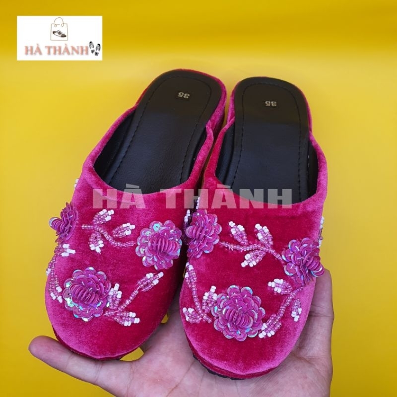 Dép Nhung Kết Cườm ,Kết Hoa Dành Cho Bà Và Mẹ Mang Êm ,Ấm Chân Mùa Đông