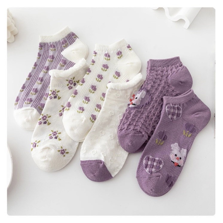 Set 5 Đôi Tất Cổ Ngắn Cho Nữ Hoạ Tiết Cổ Bèo Màu Tím Vintage Siêu Hot Mẫu Mới