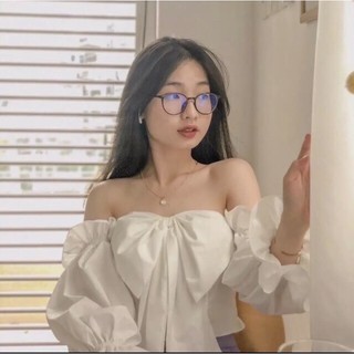 Áo croptop trễ vai phối nơ tay phồng sc-a30 / áo kiểu bẹt vai tay bồng