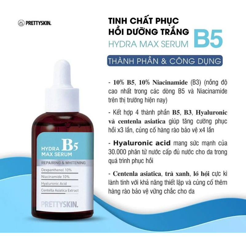 Tinh chất Pretty Skin B5 Hydra Max Serum Repairing & Whitening 50ml Dưỡng Trắng Và Phục Hồi Da An Toàn