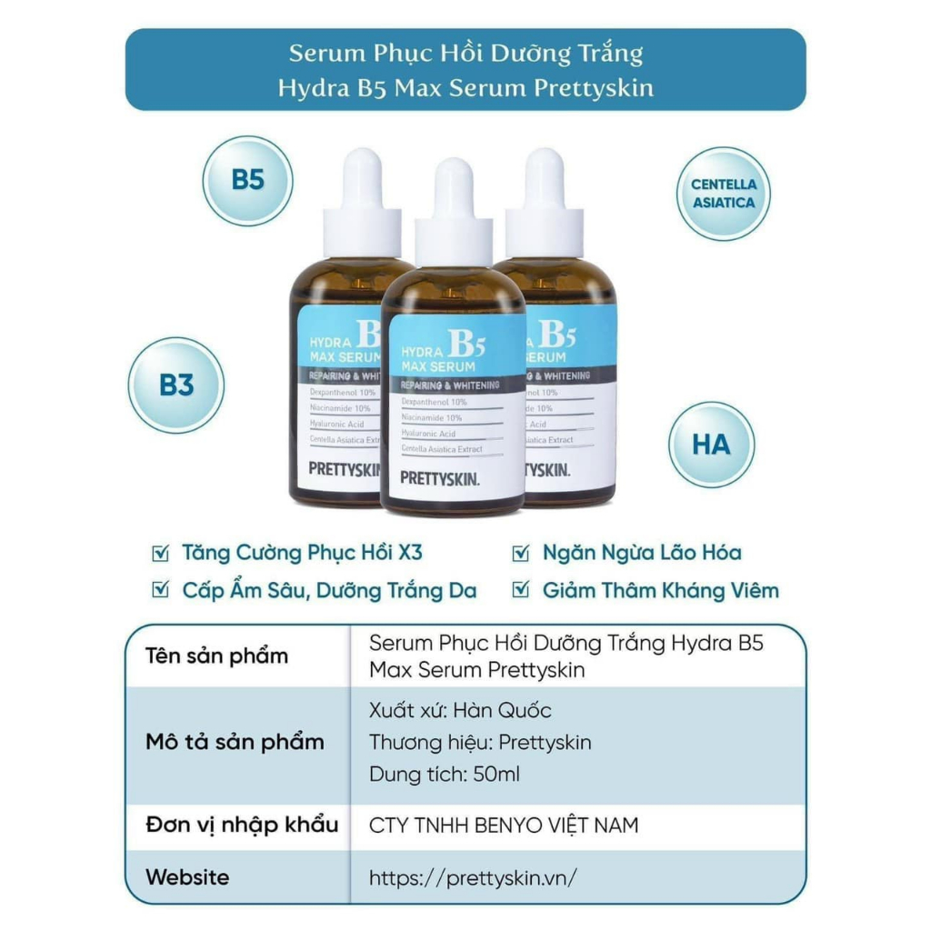 Tinh chất Pretty Skin B5 Hydra Max Serum Repairing & Whitening 50ml Dưỡng Trắng Và Phục Hồi Da An Toàn