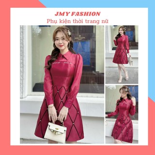 V437 Váy đỏ tafta phối họa tiết đen nữ tính [TH Hà Thanh] váy đầm tiểu thư dự tiệc, đi làm đi chơi, xinh xắn
