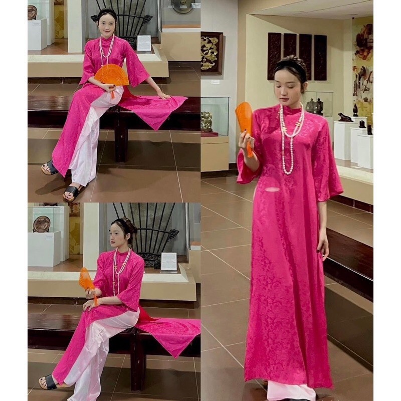 Áo Dài Cách Tân Gấm Hoa Cổ 2cm Dáng Xuông Tay Lỡ Trẻ Trung Dự Lễ Tết Cao Cấp
