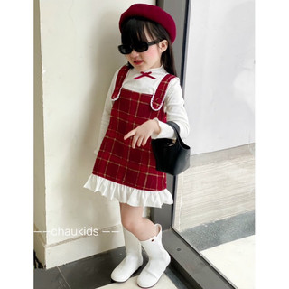 Set váy tết cho bé gái, set váy đỏ kèm áo giữ nhiệt cho bé gái mặc Tết