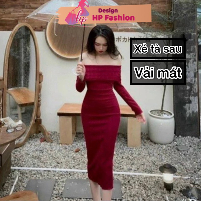 Đầm body dáng dài trễ bẹt vai màu đỏ tết dài tay HP FASHIONTREND váy nữ xẻ tà sau tôn dáng sang chảnh hàn quốc G667