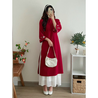 Set áo dài đỏ thêu hoa chất nhung tăm cao cấp chân váy voan xoè Sena (Ảnh thật/Video)