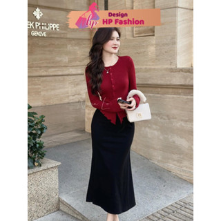 Set đồ nữ noel tết màu đỏ áo dày tay vạt nhọn cài cúc kèm chân váy dài đuôi cá tôn dáng sang chảnh G657