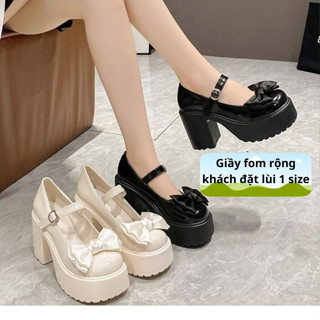 Giày cao gót 9cm  nữ Barbier da bóng đế vuông hai màu trắng kem, đen (Giiày form rộng lùi 1 size)