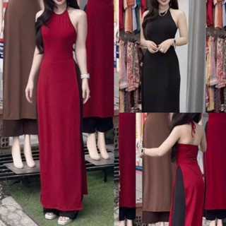 Set áo dài cách tân cổ yếm cột dây hở lưng phối quần ống suông siêu cute chất thun nhập mềm mát