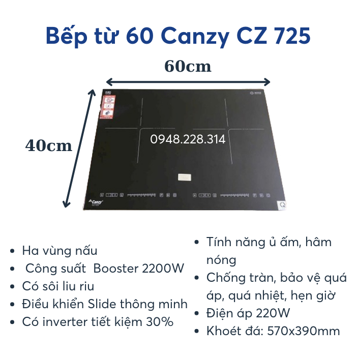 Bếp từ đôi Canzy Cz 725 kích thước 60x40cm