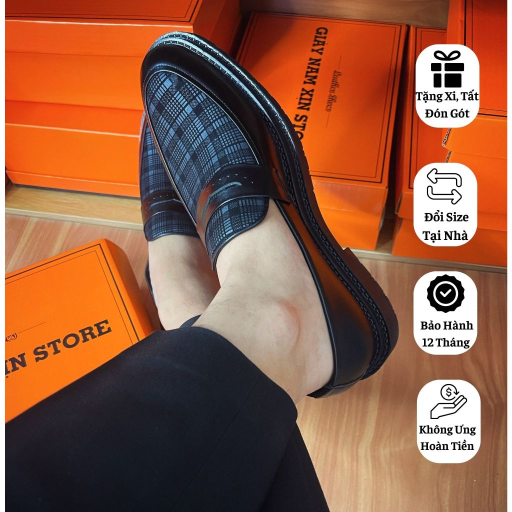 Giày Lười Nam SATINO Loafer Phối Vân Kẻ Caro Đế Cao Su Đúc Nguyên Khối Tăng Chiều Cao 5.5cm, Giày Da Bò Thật 100% GH01
