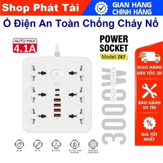 Ổ cắm điện đa năng Z67 có 4 cổng USB, 2 TypeC thông minh công tắc an toàn chống cháy nổ dây dài 2m tốt hơn ổ điện xiaomi
