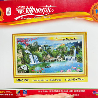 Tranh thêu chữ thập phong cảnh lưu thủy sinh tài 1m3 và 1m6- thêu kín