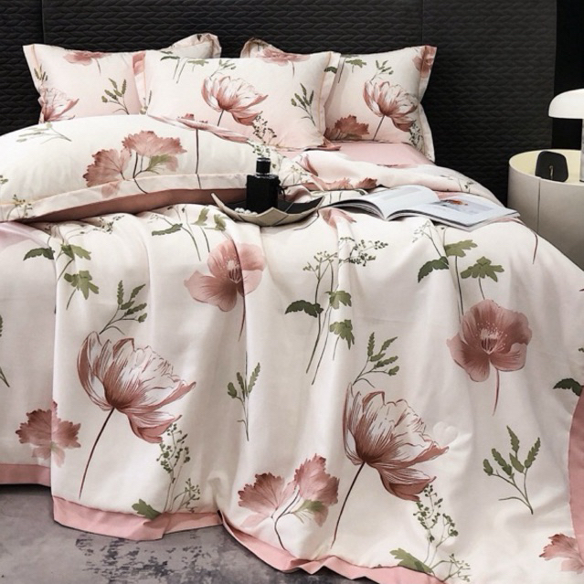 Bộ chăn ga gối lụa thái 4 món chất liệu thoáng mát mềm mại , Ga giường vỏ gối lụa thái tencel cao cấ