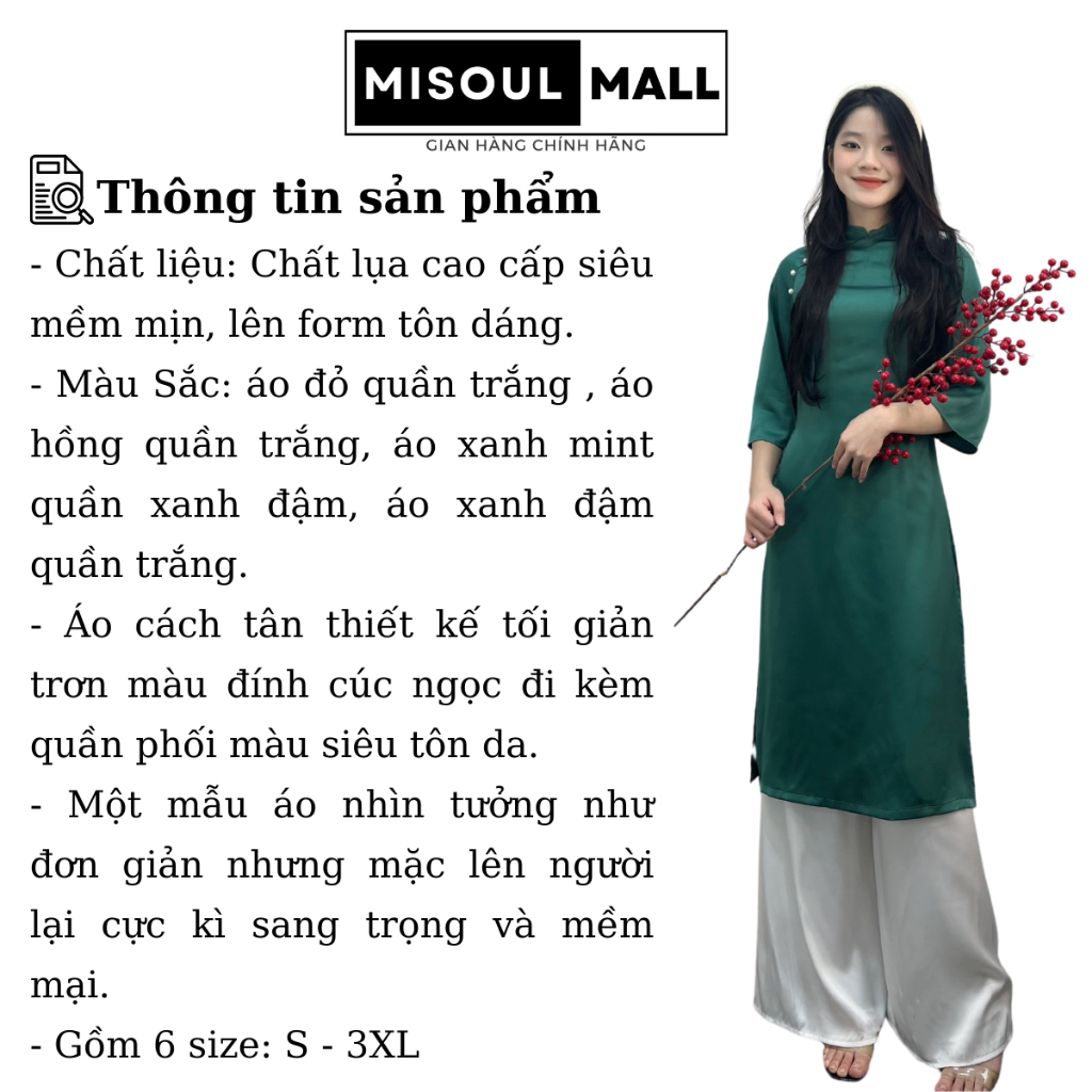 Áo Dài Cách Tân BigSize Lụa Trơn Đính Ngọc Cùng Quần Phối Phong Cách Hiện Đại MiSoul Mall  240