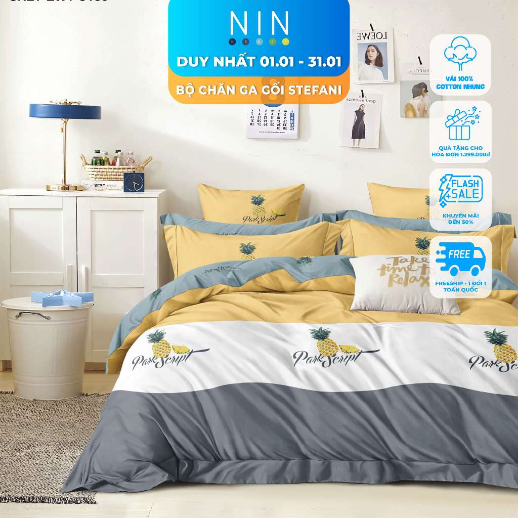 Bộ 5 món NIN - Stefani drap áo gối và mền chần màu ST200030 nhiều kích cỡ 1m6x2m, 1m8x2m