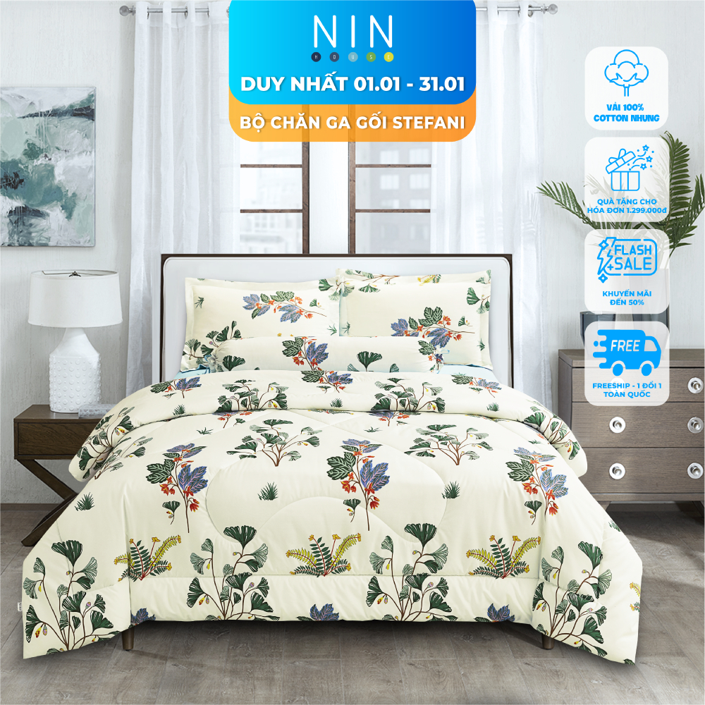 Bộ drap 5 món NIN House Stefani áo gối và mền chần màu ST200024 nhiều kích cỡ