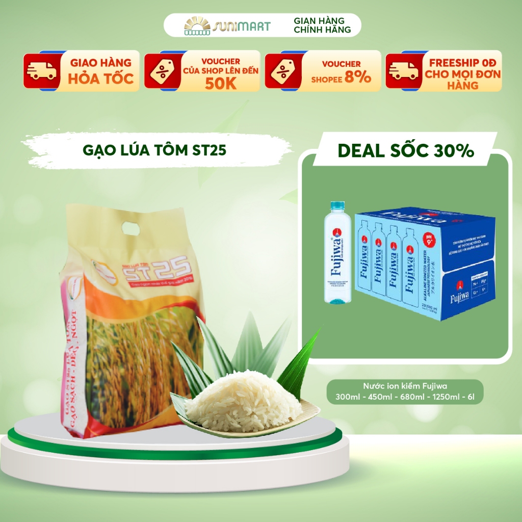 Gạo sạch hữu cơ ST25 cơm dẻo thơm, ngon ngọt tự nhiên Sunimart- 5kg
