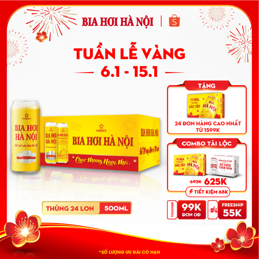 Thùng 24 lon Bia Hơi Hà Nội - HABECO (500ml/lon) - Phiên bản Tết