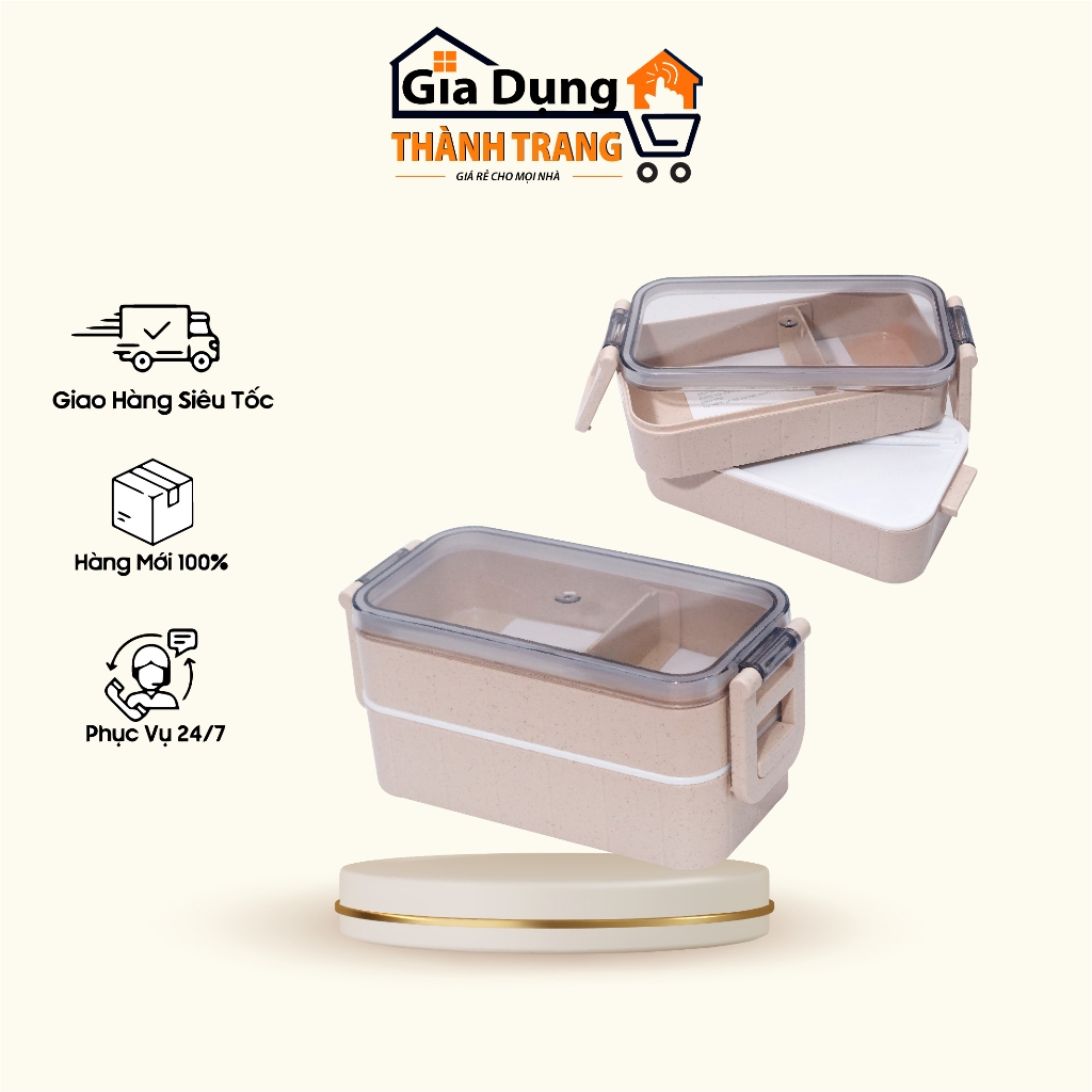 Hộp cơm lúa mạch chữ nhật 2 tầng kèm thìa dĩa