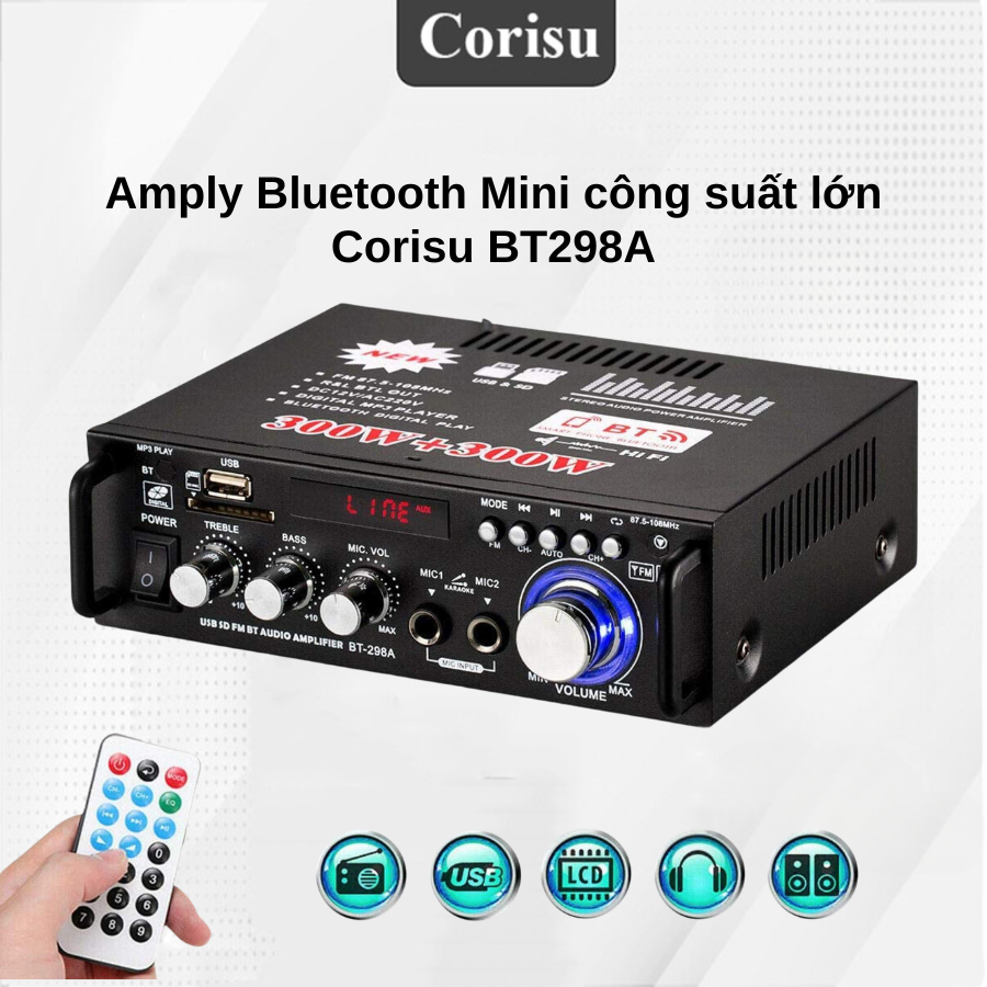 Amply Bluetooth Mini công suất lớn Corisu BT298A  600W kết nối USB, audio, thẻ nhớ... 220v 12V DC