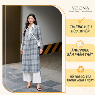 Áo măng tô dáng dài suông chất liệu dạ họa tiết caro YOONA - YD23S201