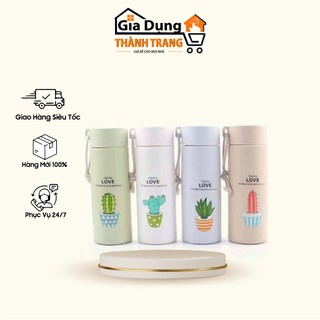 Bình Giữ Nhiệt Thủy Tinh Bọc Nhựa Lúa Mạch 450ml Họa Tiết Xương Rồng, Chống Va Đập, Có Dây Xách Tiện Dụng