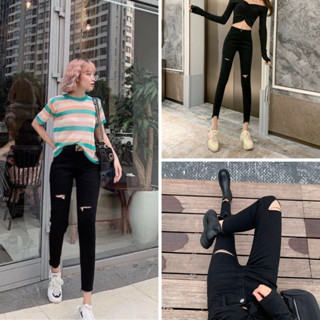 Quần Jean Nữ Lưng Cao, Quần bò đen rách gối dáng SKINNY siêu co giãn tôn dáng thời trang ( rách đùi )